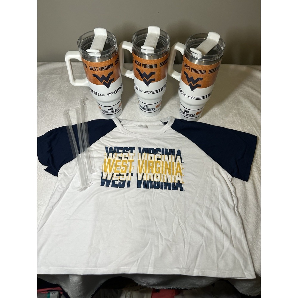 West Virginia Mountaineers TShirt & 3 Tumblers Straws Set WVU Fan Gear‎